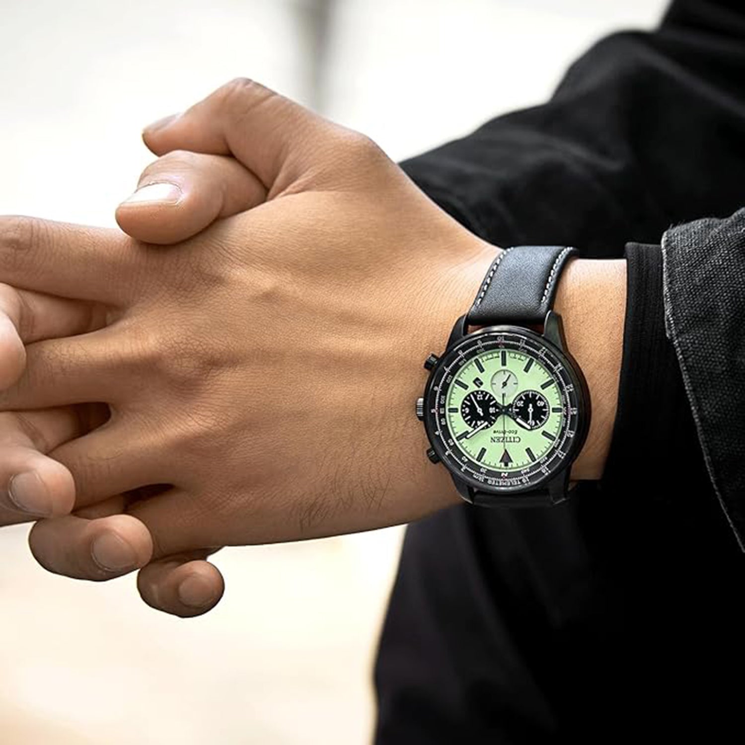 Men Eco-Drive Green Dial Chronograph Leather Watch CA4505-21X