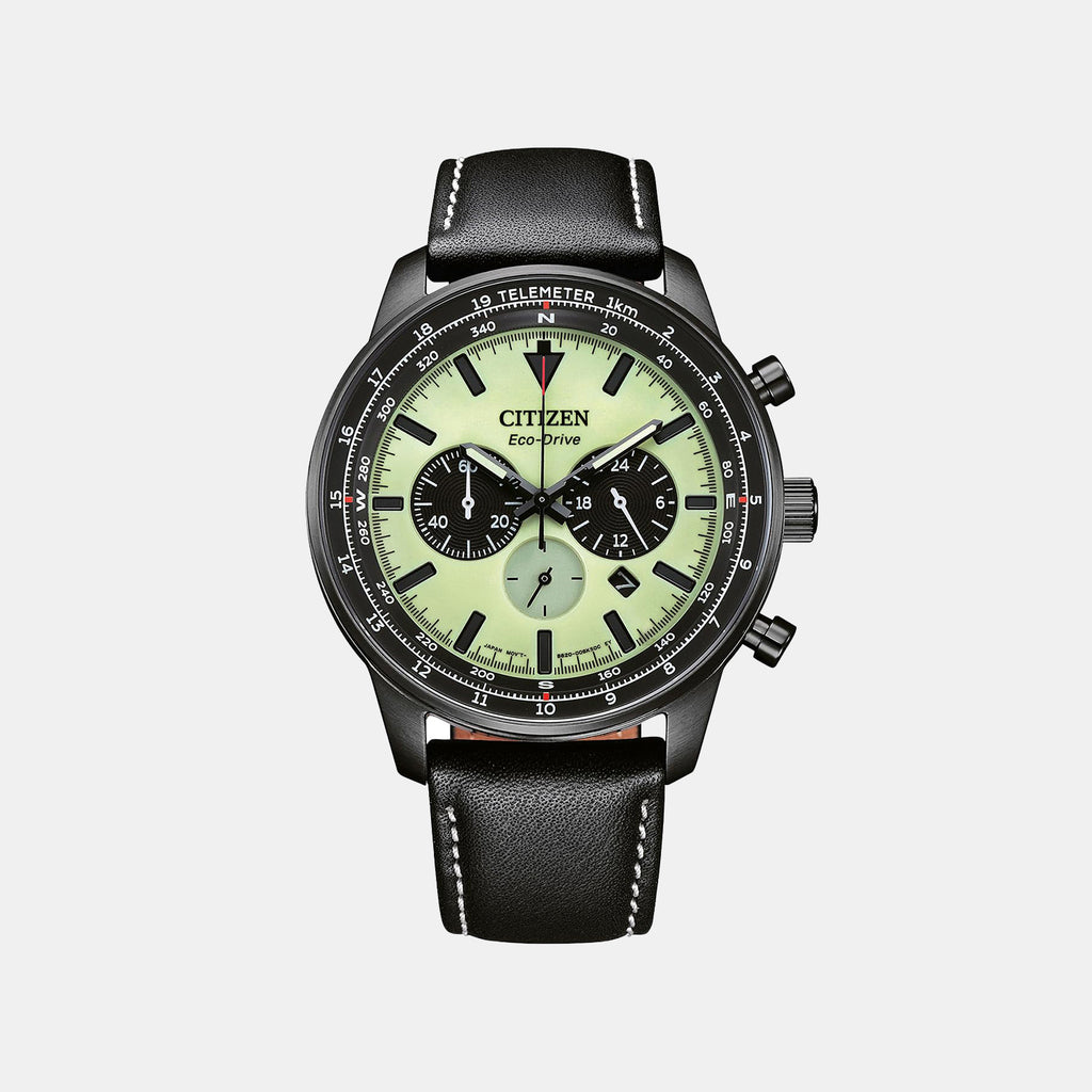 Men Eco-Drive Green Dial Chronograph Leather Watch CA4505-21X