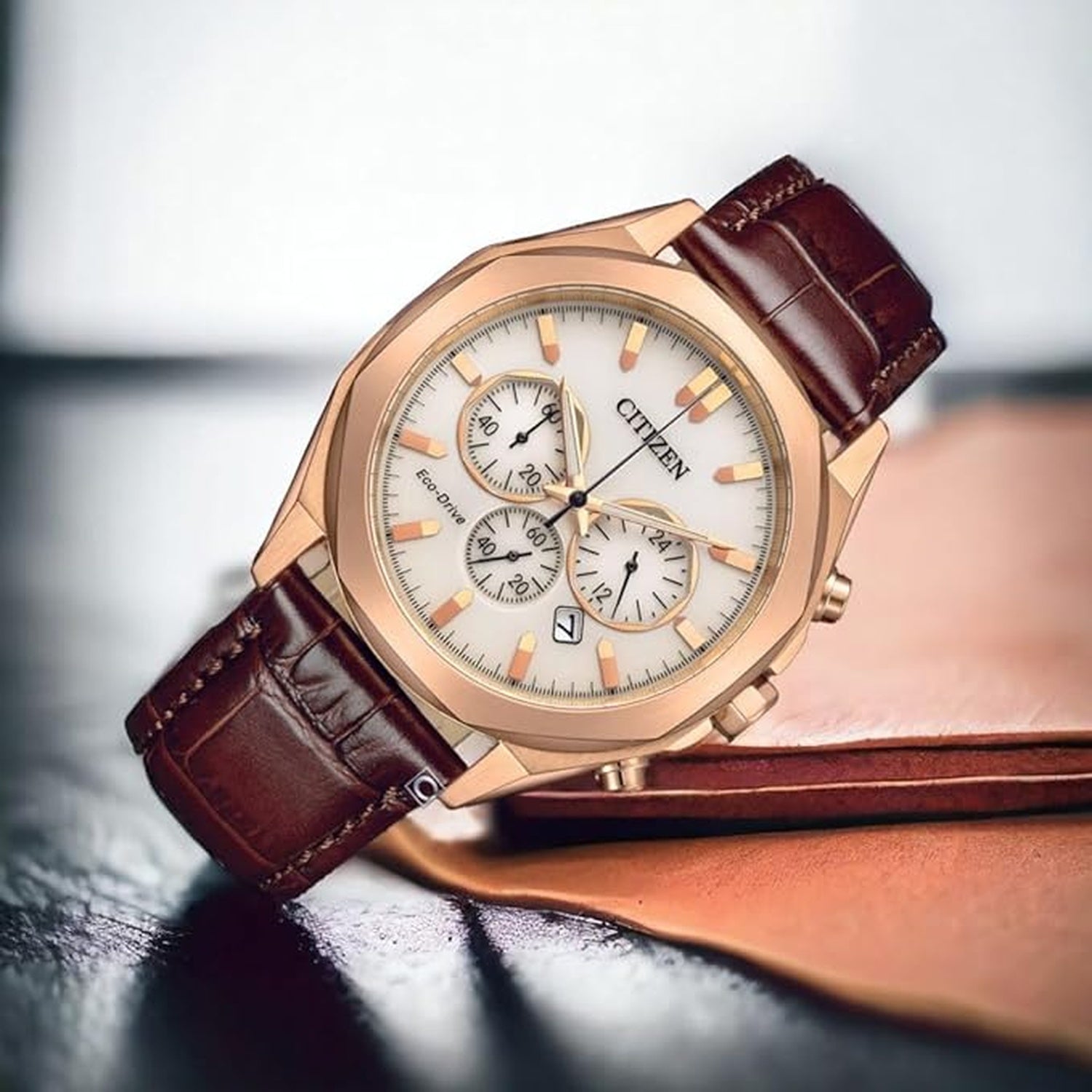 Eco-Drive Men Eco-Drive White Dial Chronograph Leather Watch CA4593-15A