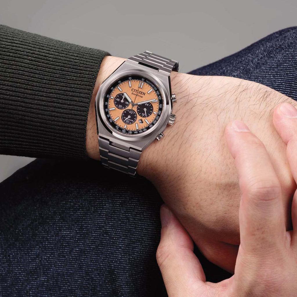 Zenshin Men Eco-Drive Orange Dial Chronograph Stainless Steel Watch CA4610-85Z