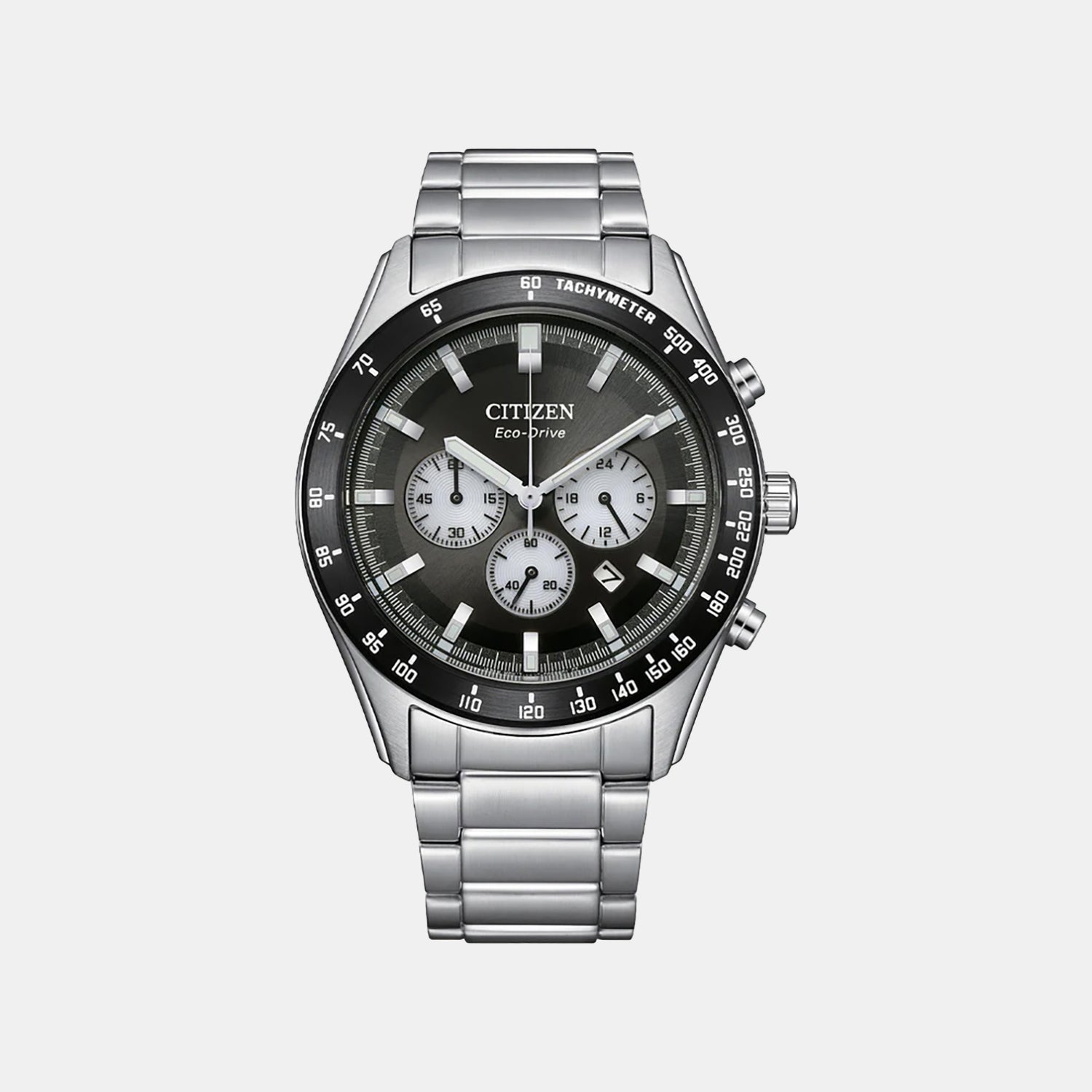 Classic Sport Eco-Drive Men Quartz Black Dial Chronograph Stainless Steel Watch CA4674-58E