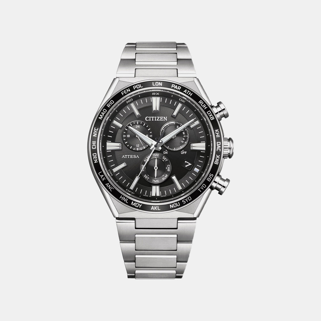 Eco-drive Attesa Men Quartz Black Dial Chronograph Stainless Steel Watch CB5966-69E
