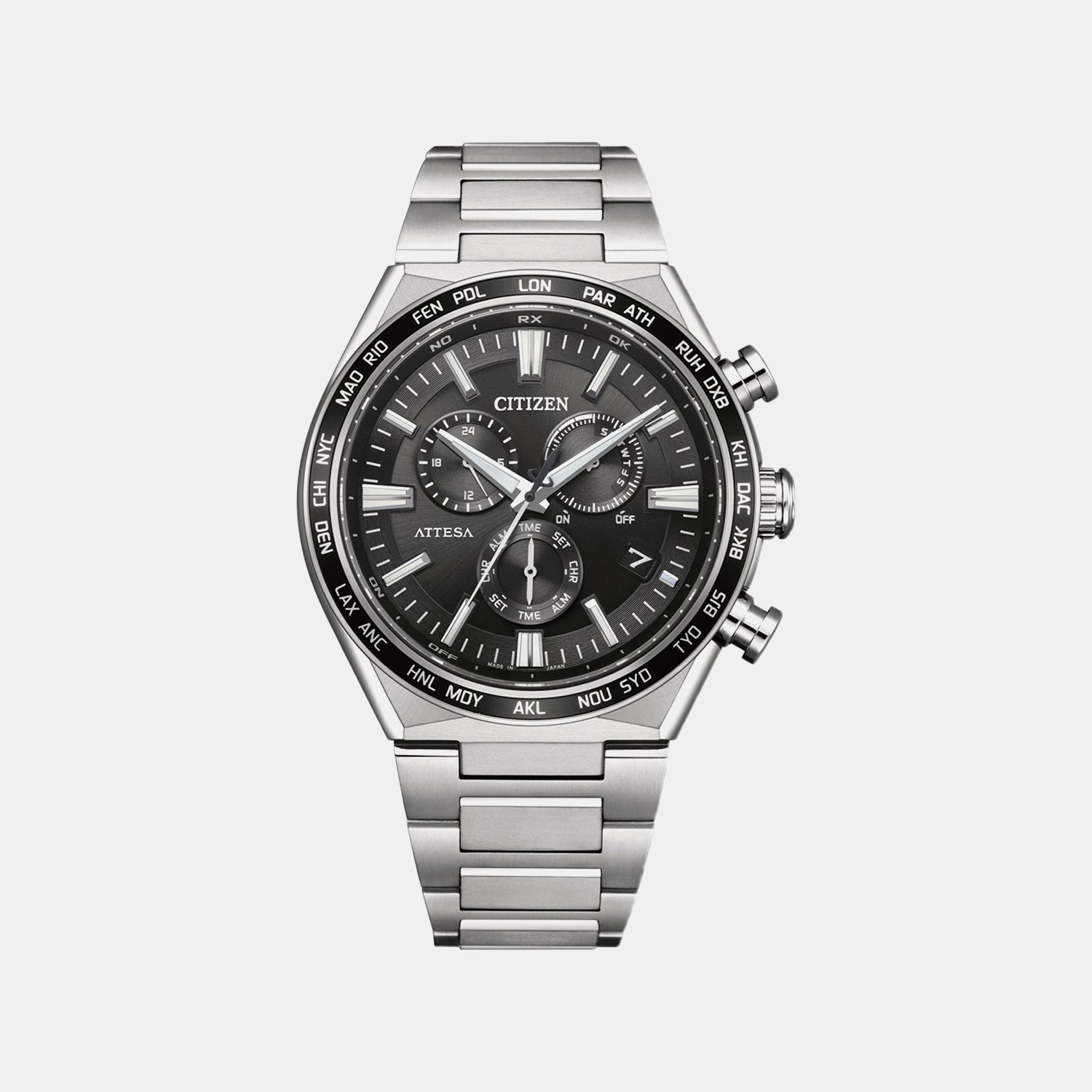 Eco-drive Attesa Men Quartz Black Dial Chronograph Stainless Steel Watch CB5966-69E