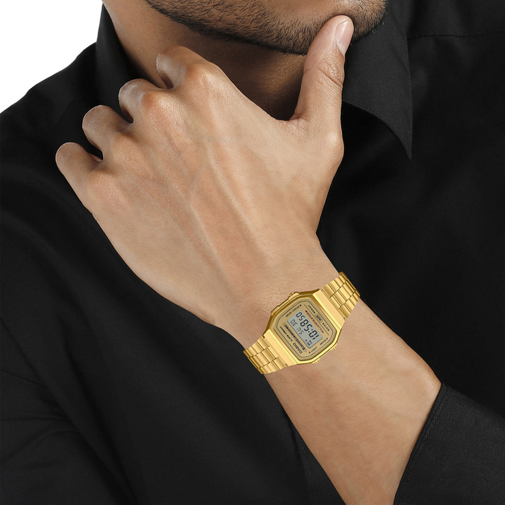 Vintage Men Quartz Gold Dial Digital Stainless Steel Watch D169