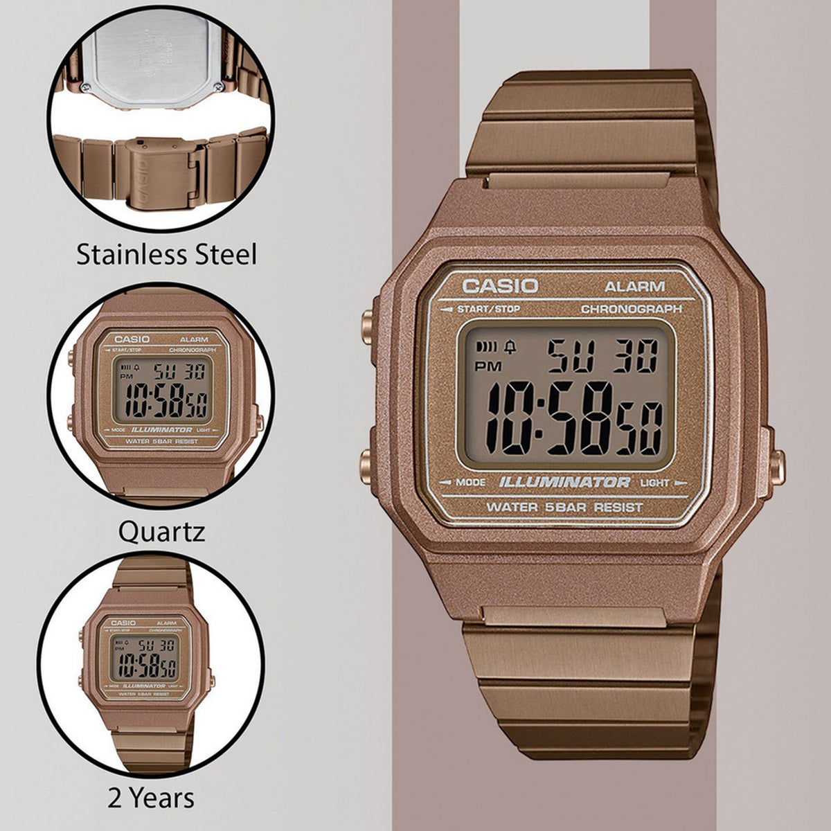 Vintage Unisex Quartz Rose Gold Dial Digital Stainless Steel Watch D200