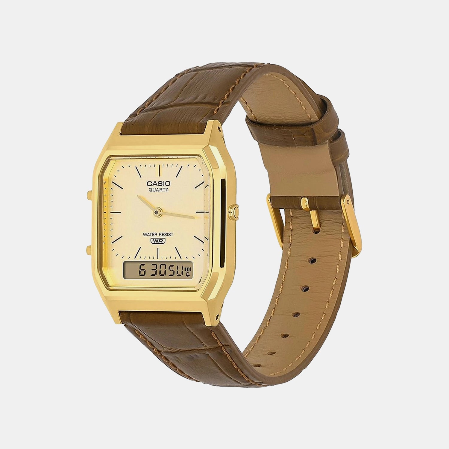 Vintage Unisex Quartz Gold Dial Analog-Digital Leather Watch D415