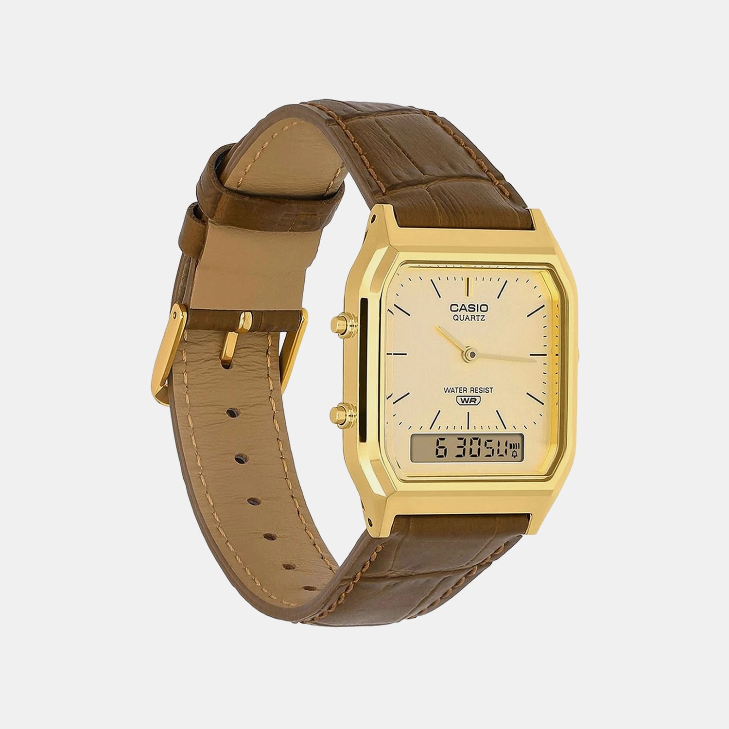 Vintage Unisex Quartz Gold Dial Analog-Digital Leather Watch D415