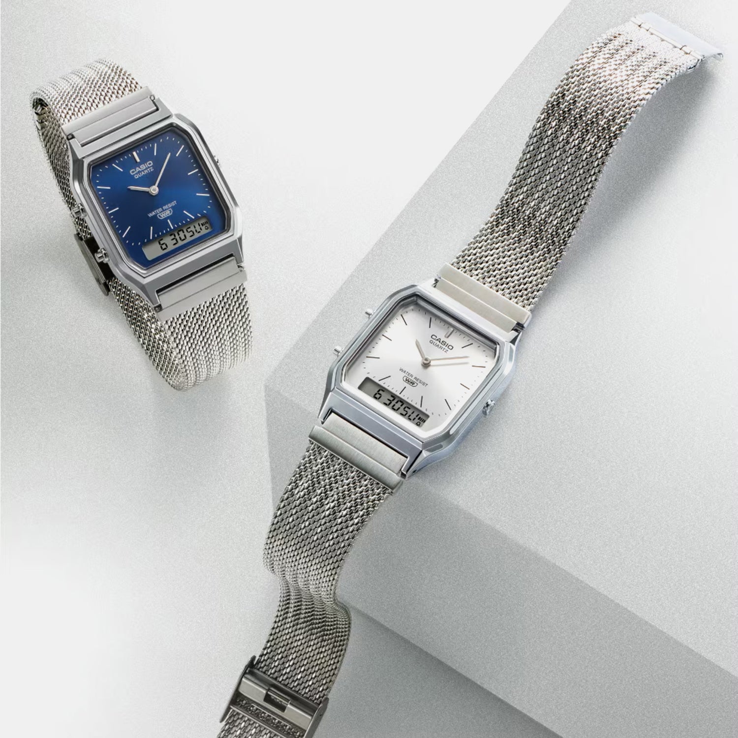 Vintage Unisex Quartz Navy Dial Analog-Digital Mesh Watch D417