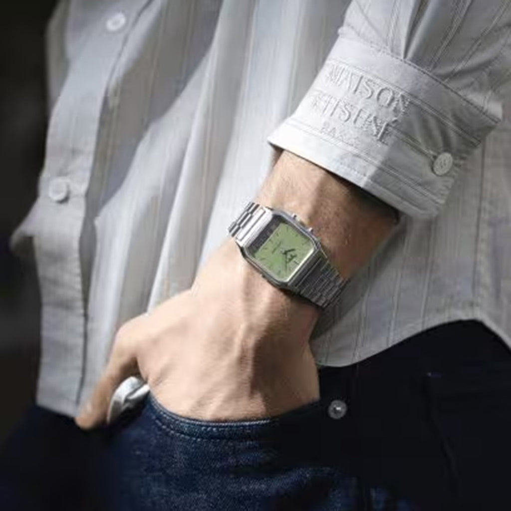 Vintage Unisex Quartz Green Dial Analog-Digital Stainless Steel Watch D446