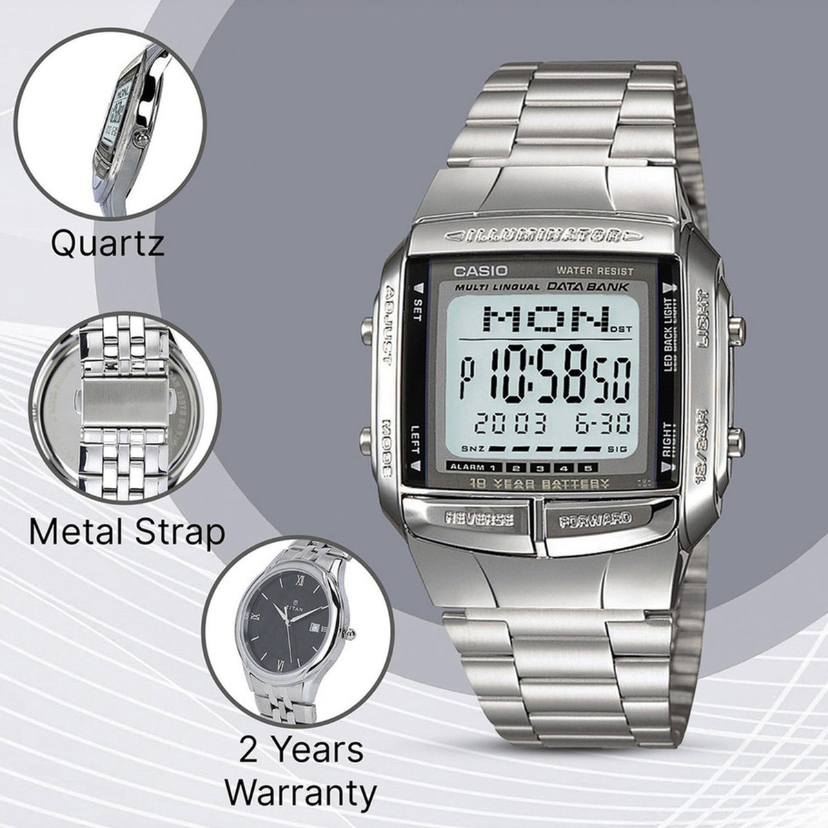 Vintage Unisex Quartz Silver Dial Digital Stainless Steel Watch DB27