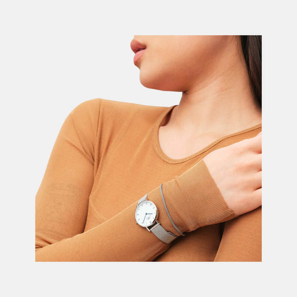 Petite Roman Numerals Women Quartz White Dial Analog Stainless Steel Watch DW00100684K