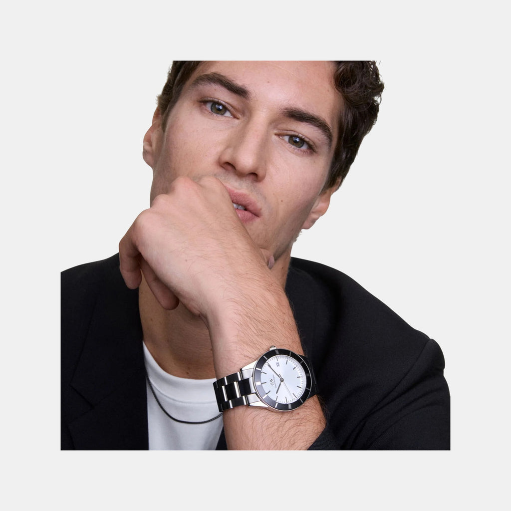 Index Bezel Men Quartz Black Dial Analog Stainless Steel Watch DW00100819K