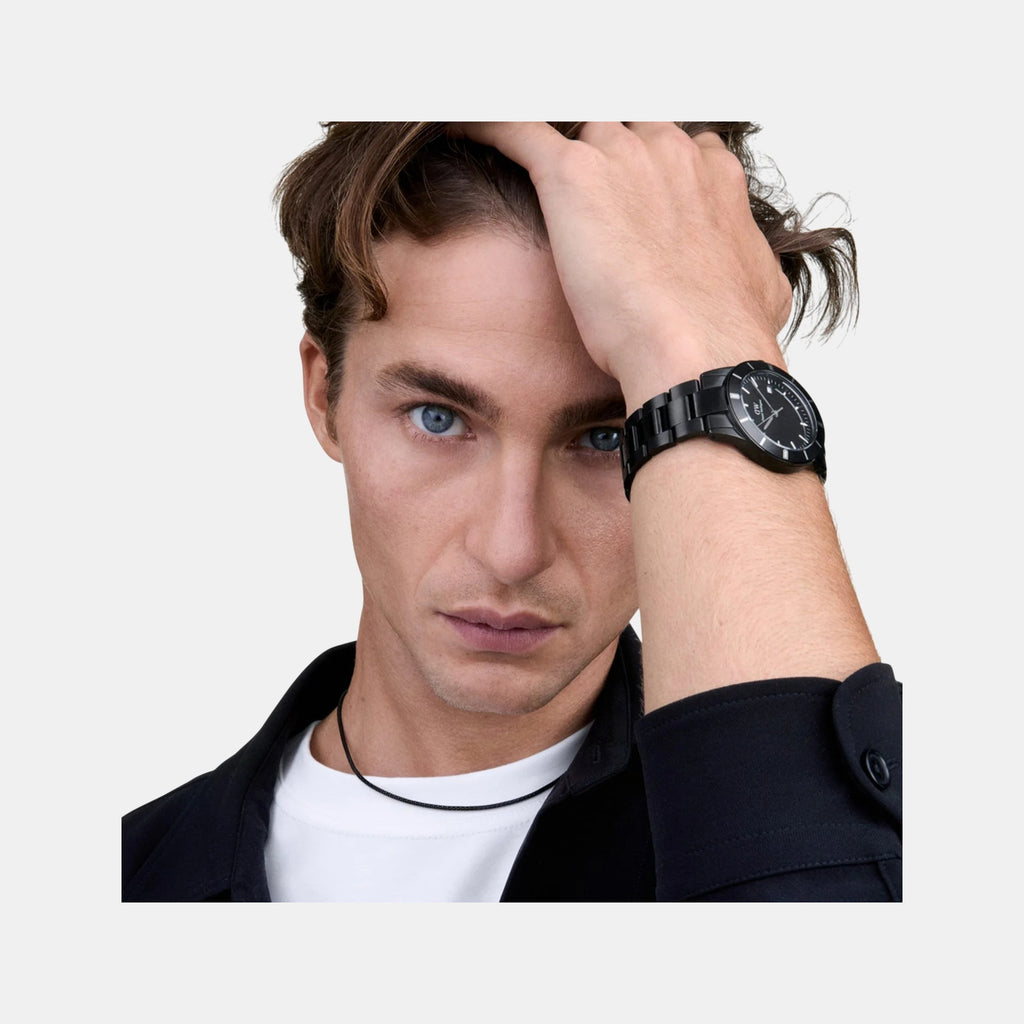 Index Bezel Men Quartz BLACK Dial Analog Stainless Steel Watch DW00100821K