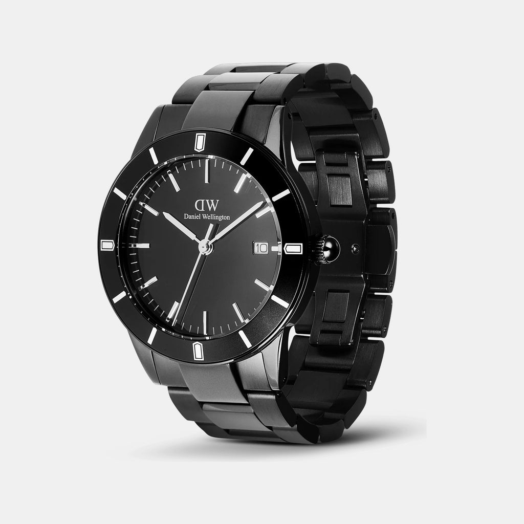 Index Bezel Men Quartz BLACK Dial Analog Stainless Steel Watch DW00100821K