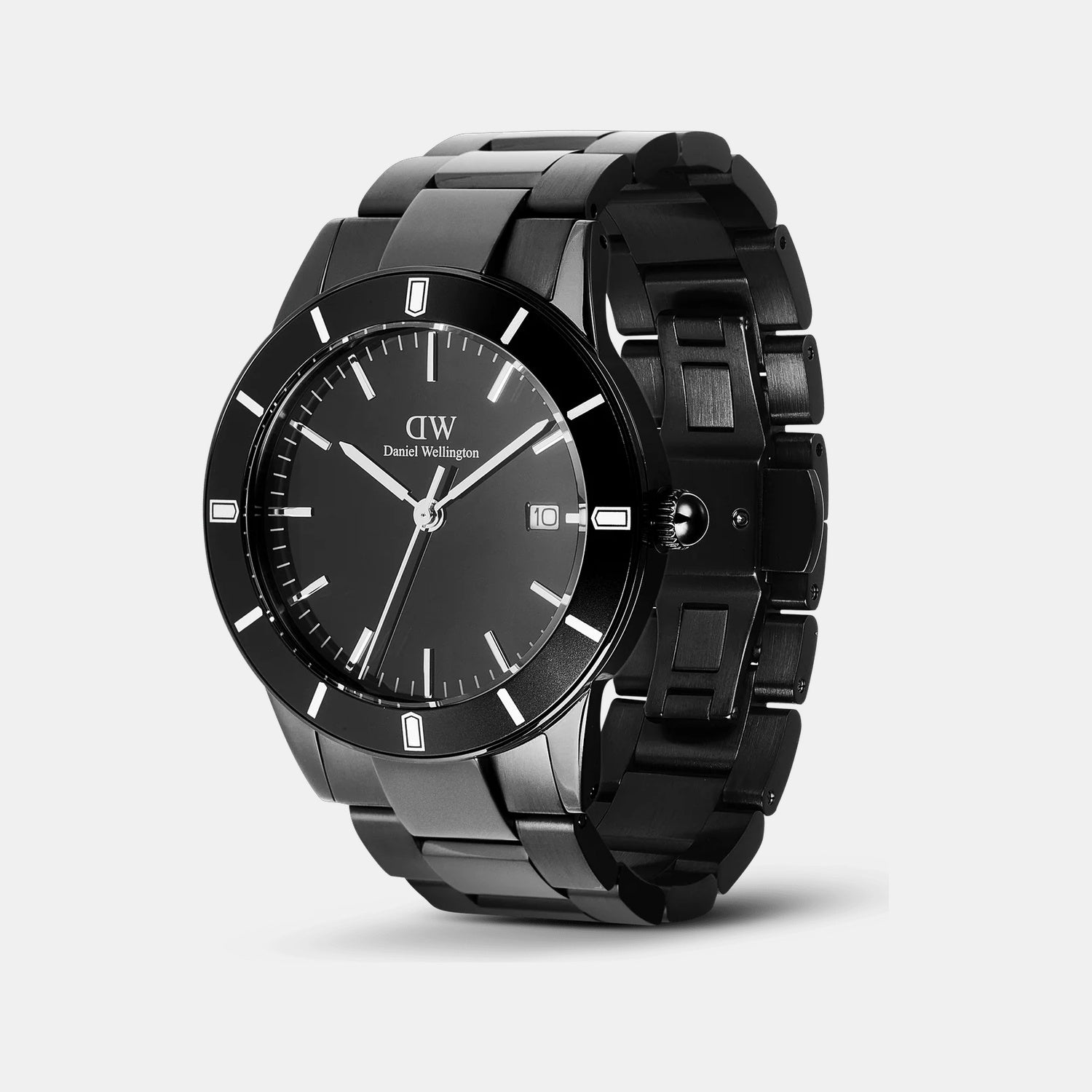 Index Bezel Men Quartz BLACK Dial Analog Stainless Steel Watch DW00100821K