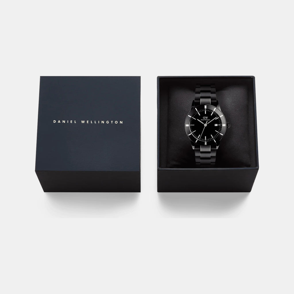 Index Bezel Men Quartz BLACK Dial Analog Stainless Steel Watch DW00100821K