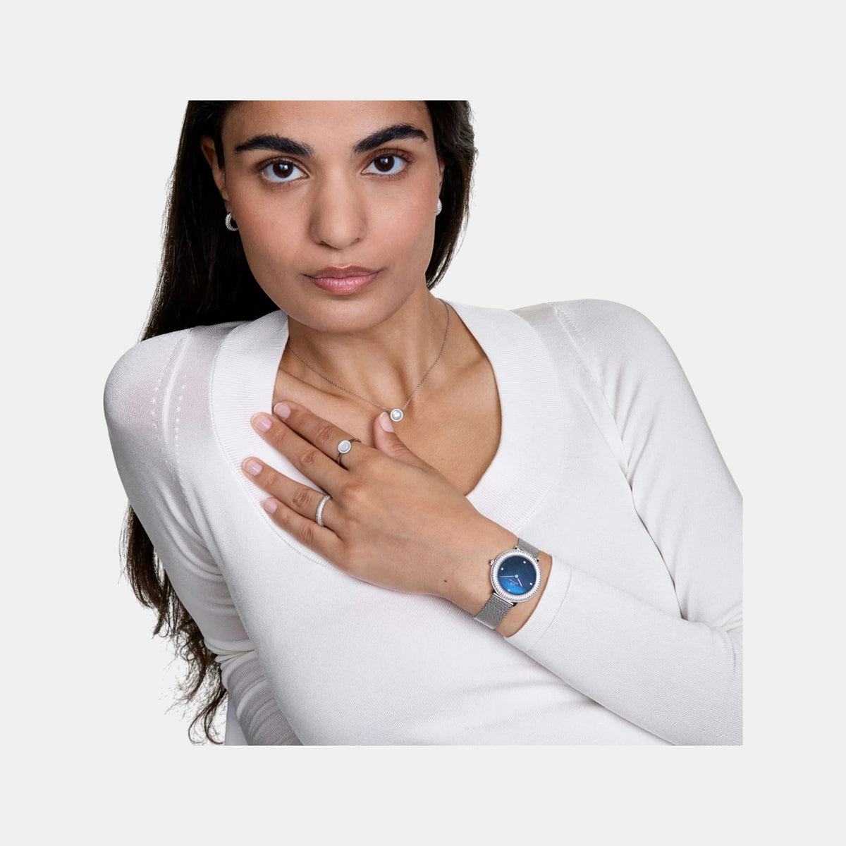 Crystalline Women Quartz Blue Dial Analog Mesh Watch DW00100825K