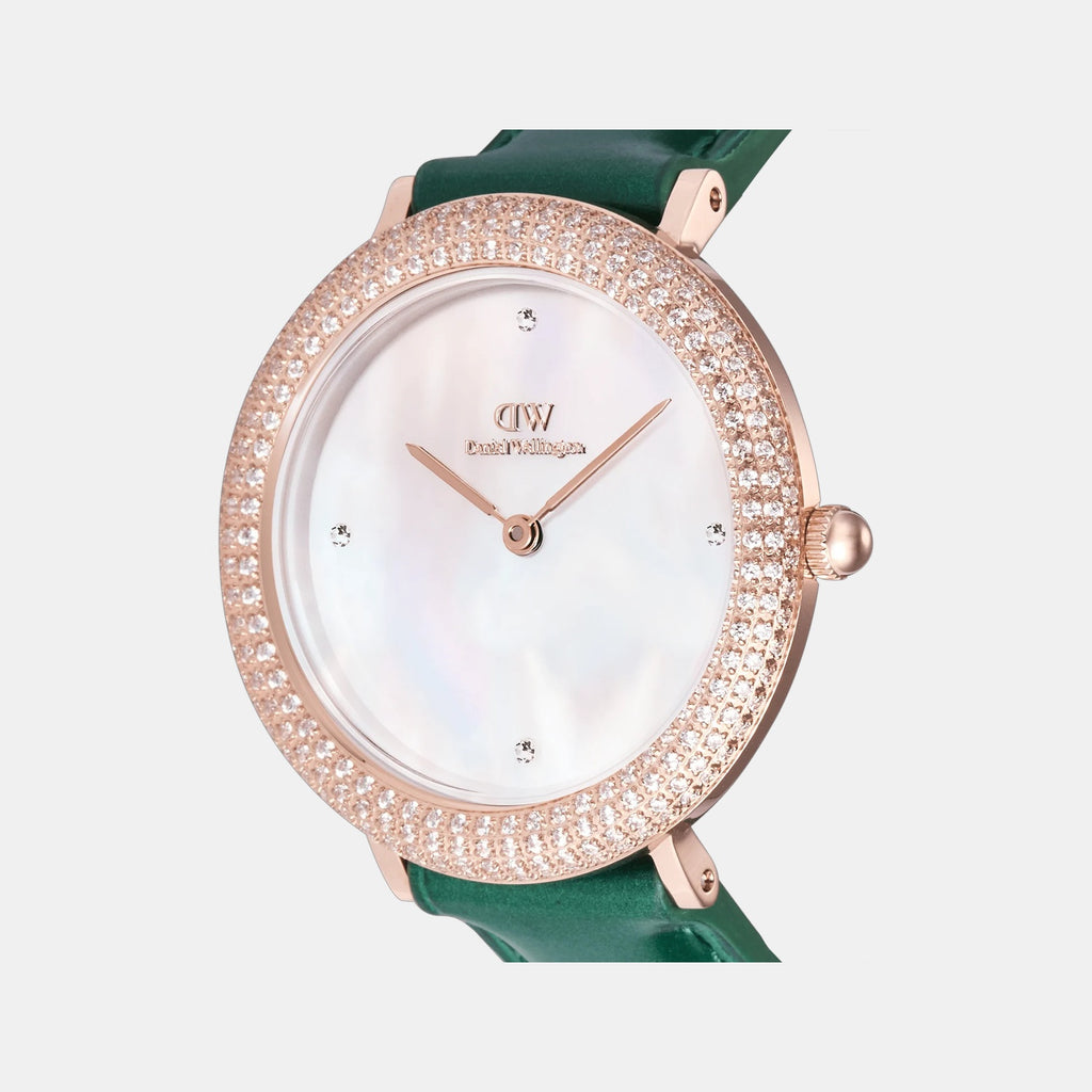 Crystal Bezel Women Quartz White Dial Analog Stainless Steel Watch DW00100826K