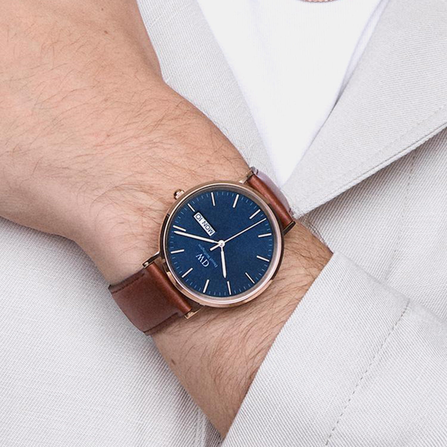 Classic Men Quartz Blue Dial Analog Leather Watch DW00100830K