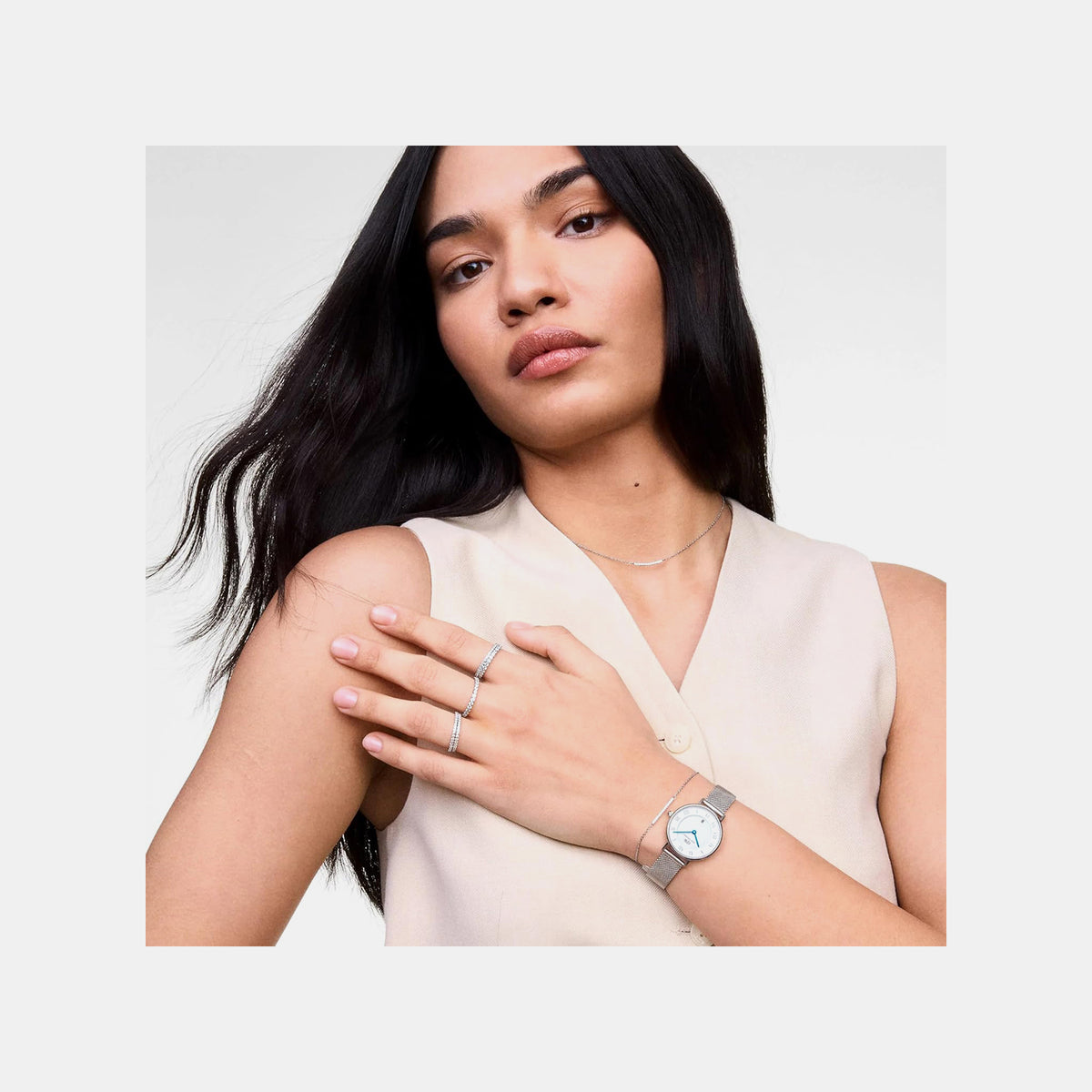 Petite Women Quartz White Dial Analog Mesh Watch DW00100858K