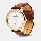 Men Quartz Beige Dial Analog Leather Watch DW00100869K