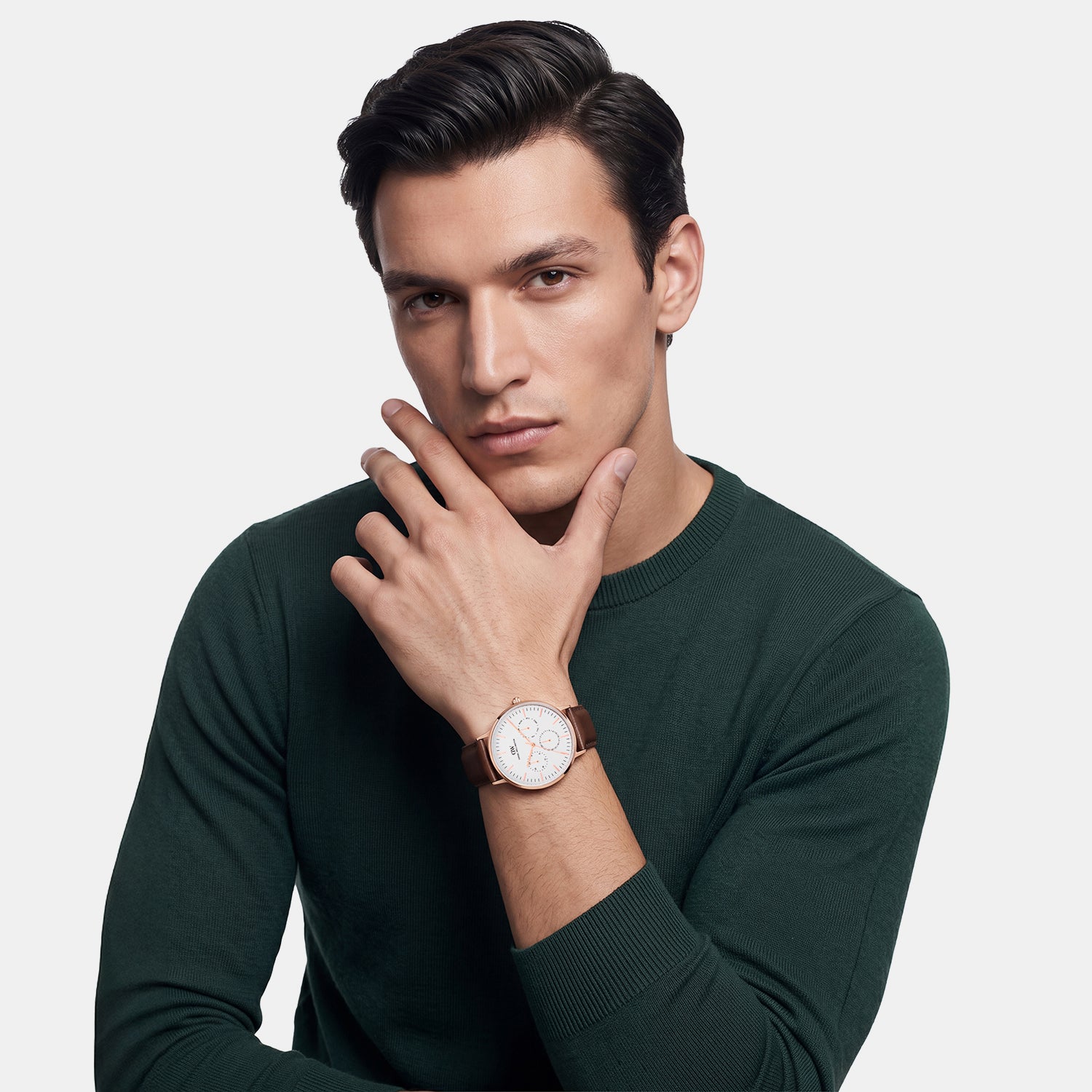 Men Quartz White Dial Multi-Function Leather Watch DW0DG2201