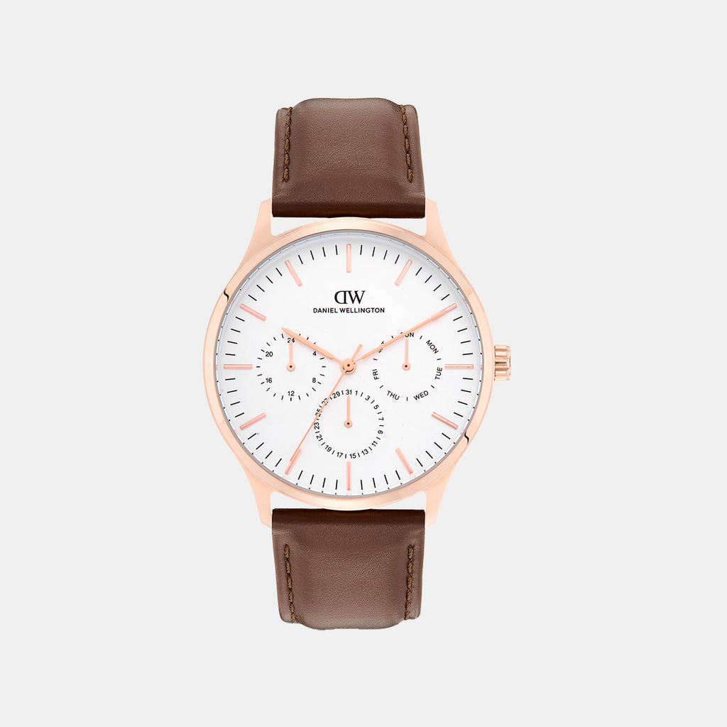 Men Quartz White Dial Multi-Function Leather Watch DW0DG2201