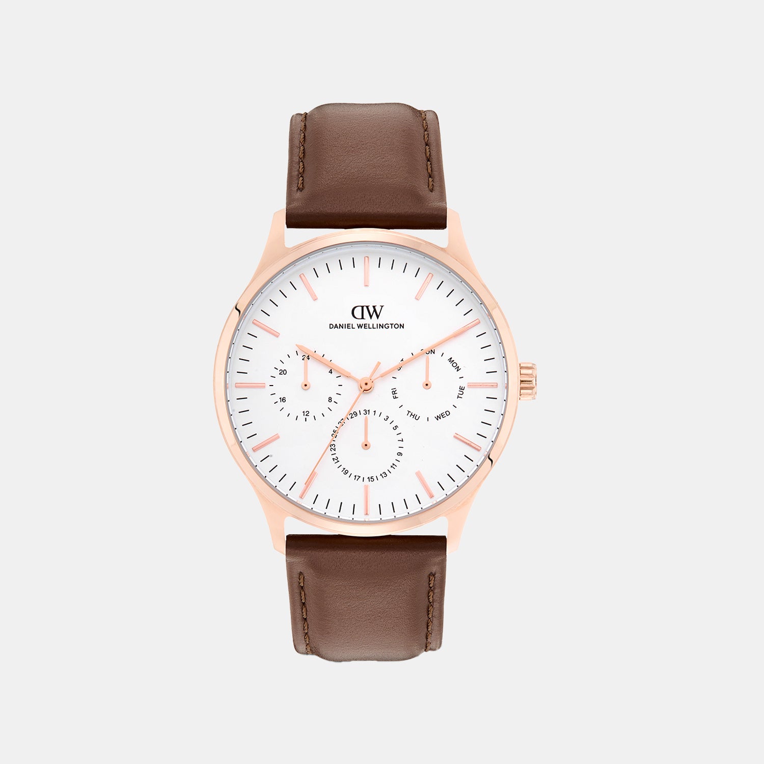 Men Quartz White Dial Multi-Function Leather Watch DW0DG2201