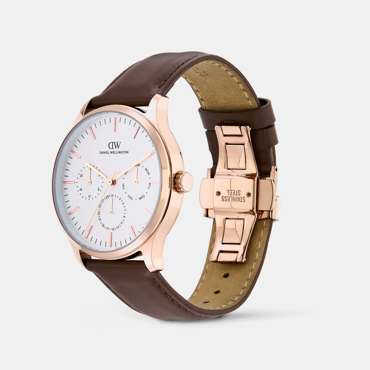 Men Quartz White Dial Multi-Function Leather Watch DW0DG2201