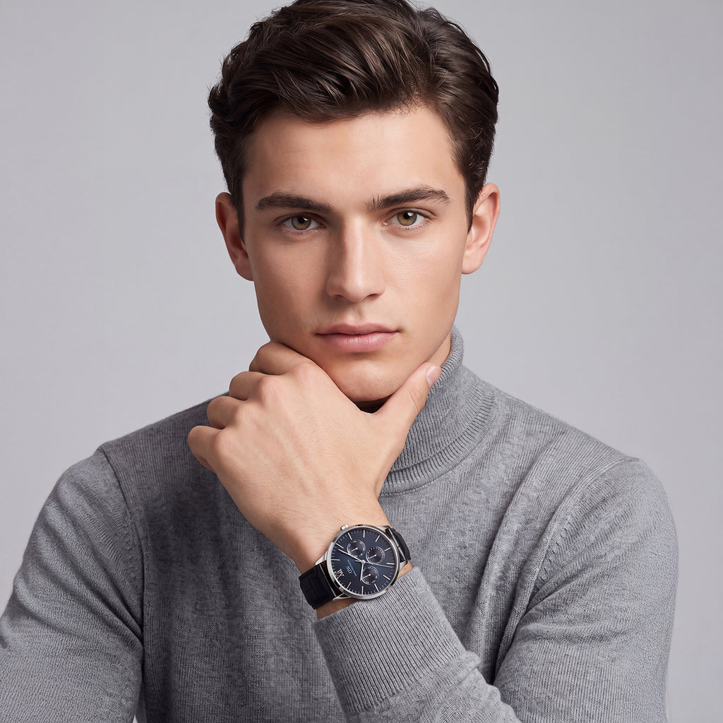 Men Quartz Teal Dial Multi-function Leather Watch DW0DG2400