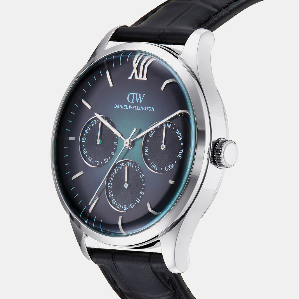 Men Quartz Teal Dial Multi-function Leather Watch DW0DG2400