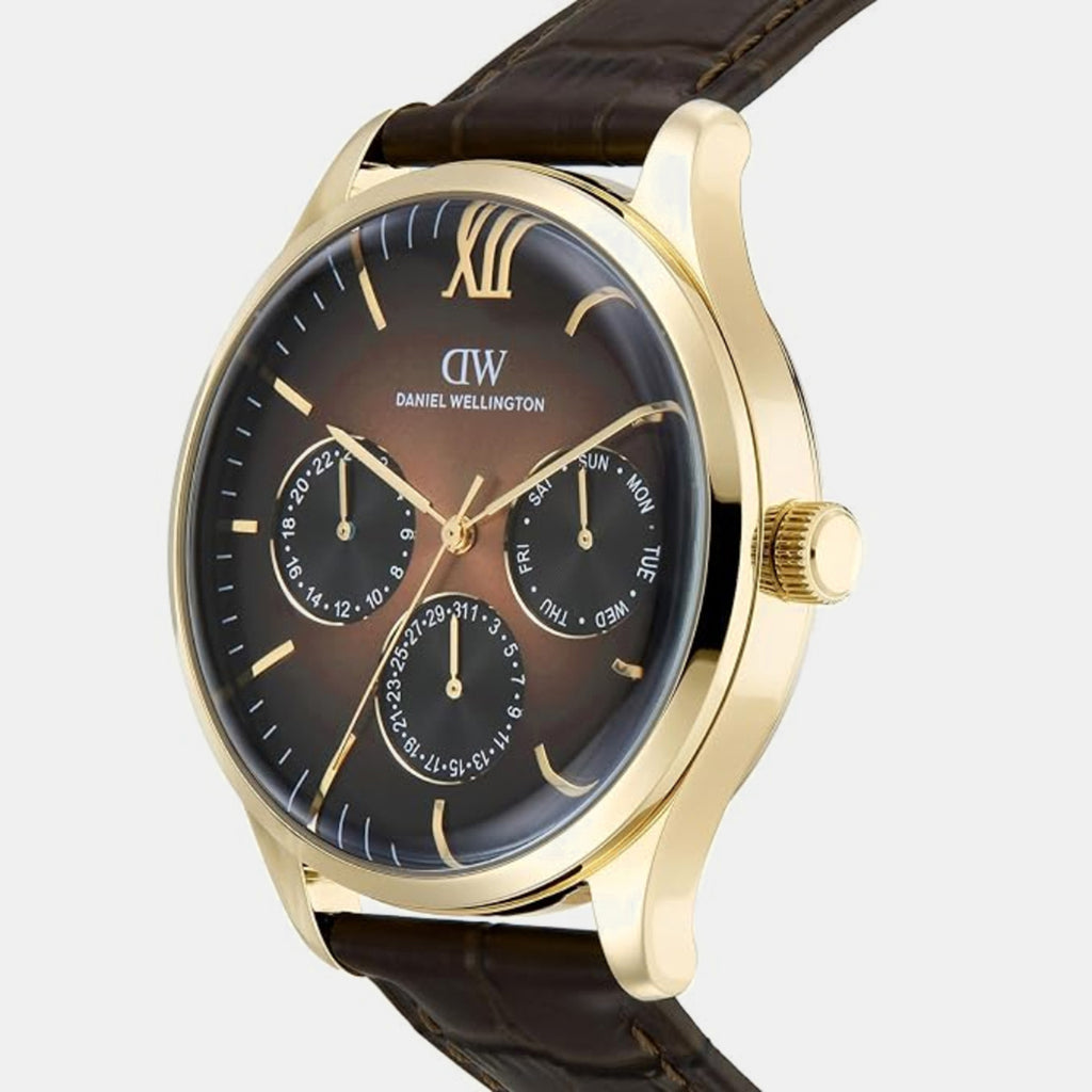 Men Quartz Brown Dial Multi-Function Leather Watch DW0DG2401