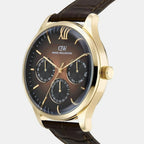 Men Quartz Brown Dial Multi-Function Leather Watch DW0DG2401