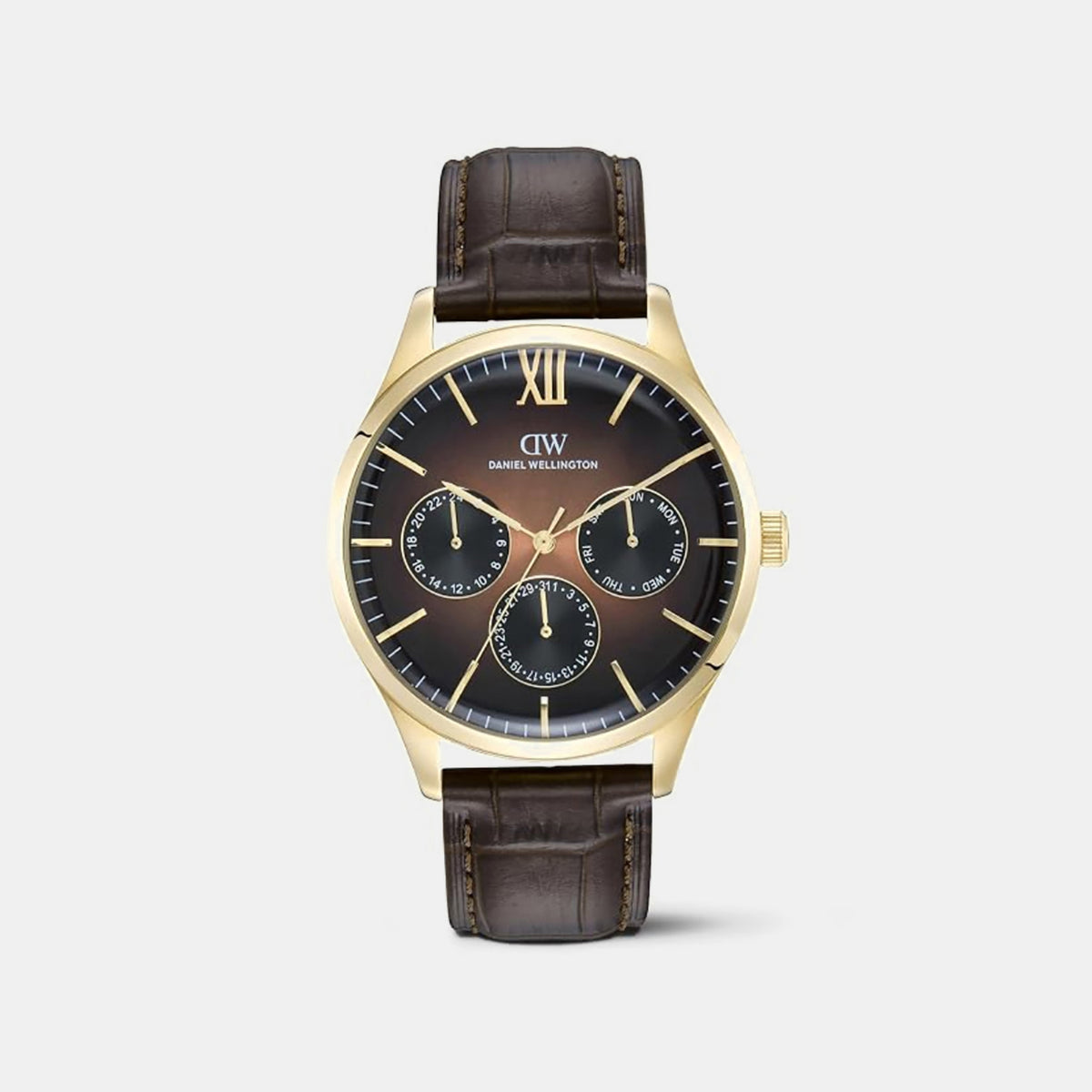 Men Quartz Brown Dial Multi-Function Leather Watch DW0DG2401
