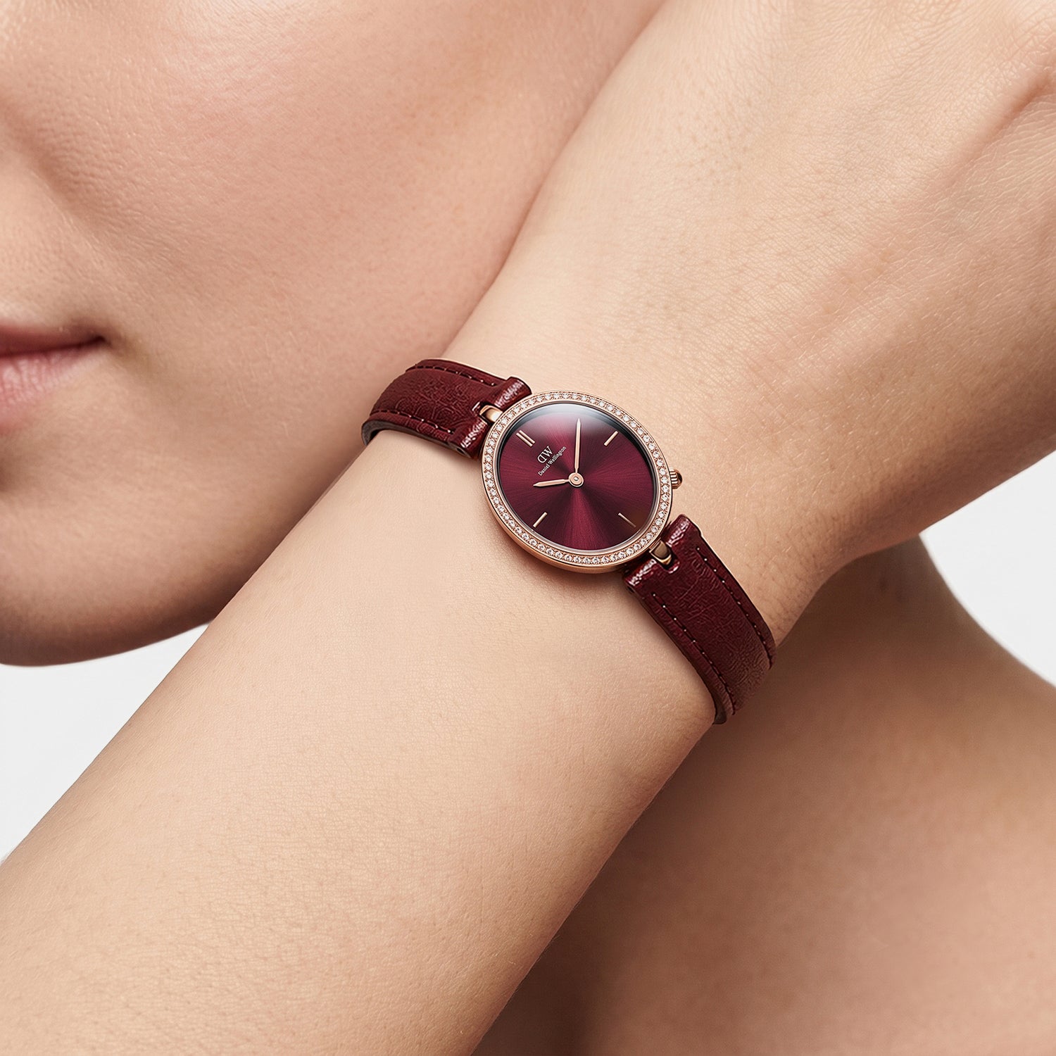 Women Quartz Burgundy Dial Analog Leather Watch DW0DL2401