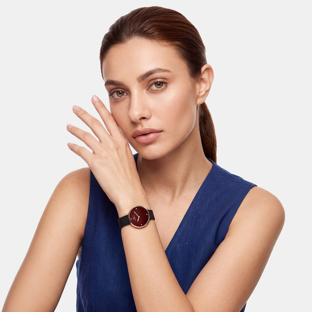 Women Quartz Burgundy Dial Analog Stainless Steel Watch DW0DL2702