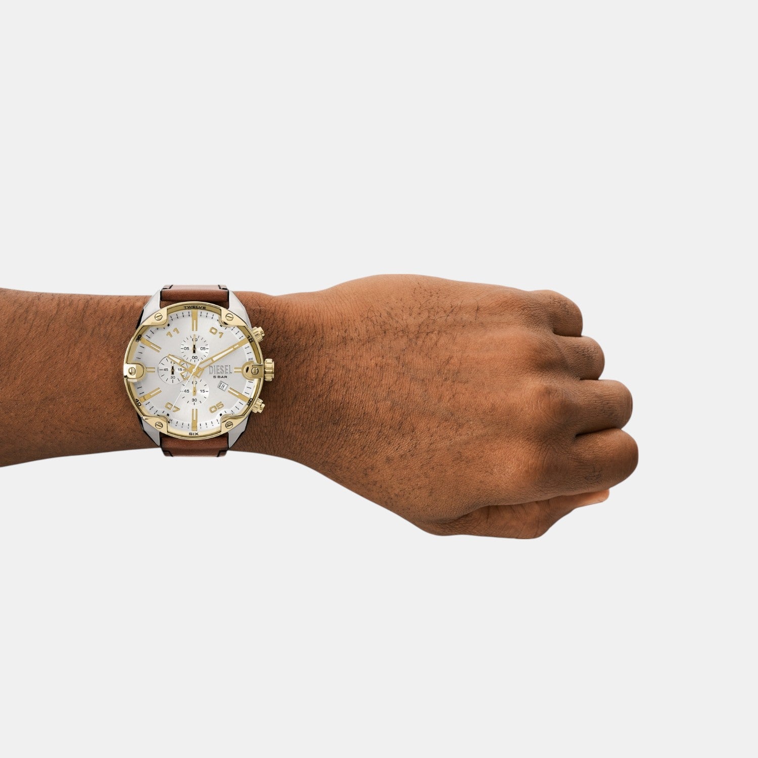 Spiked Men Quartz Silver Dial Chronograph Leather Watch DZ4665