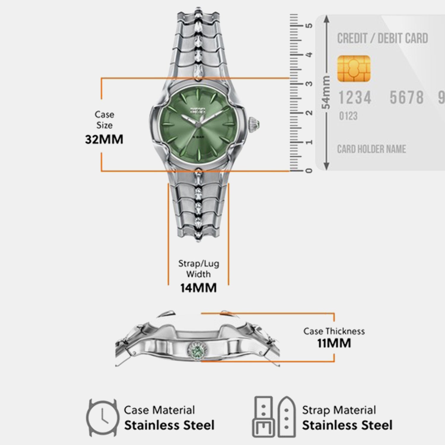 Mini Vert Women Quartz Green Dial Analog Stainless Steel Watch DZ5632