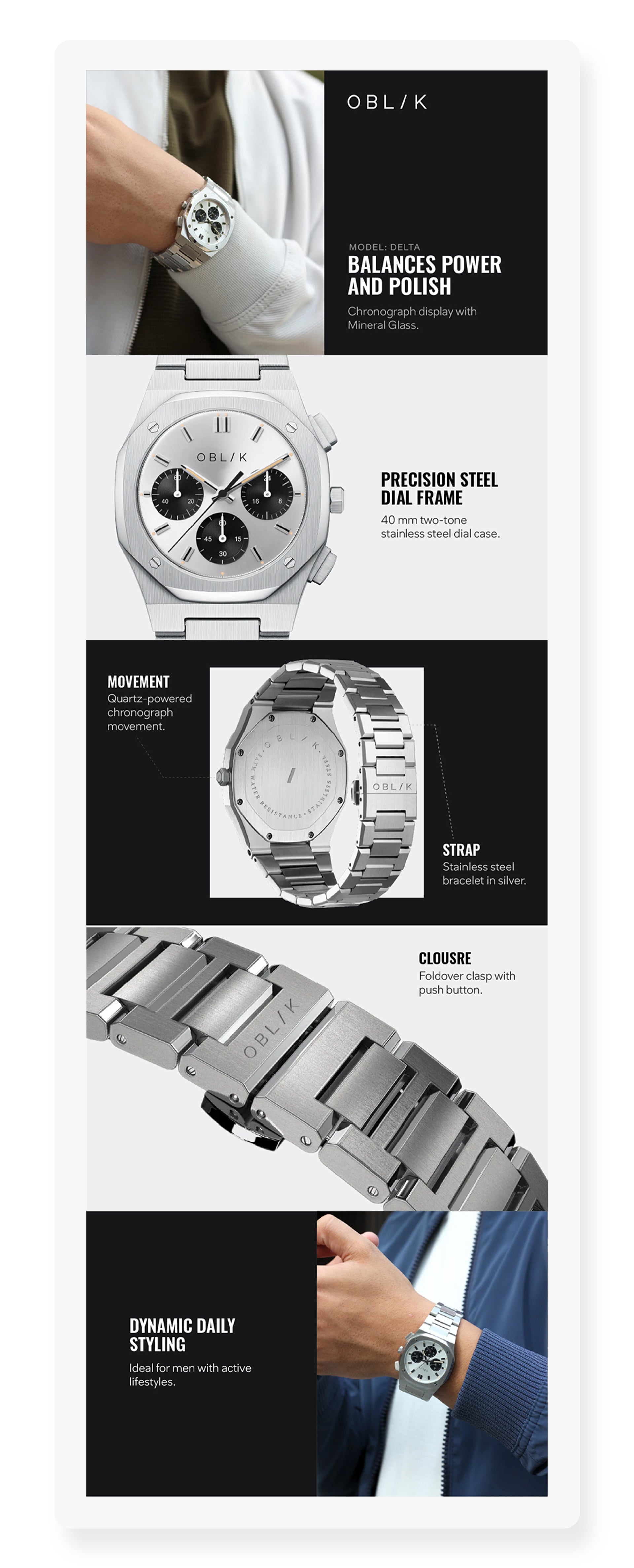 Delta Men Quartz Silver Dial Chronograph Stainless Steel Watch Delta