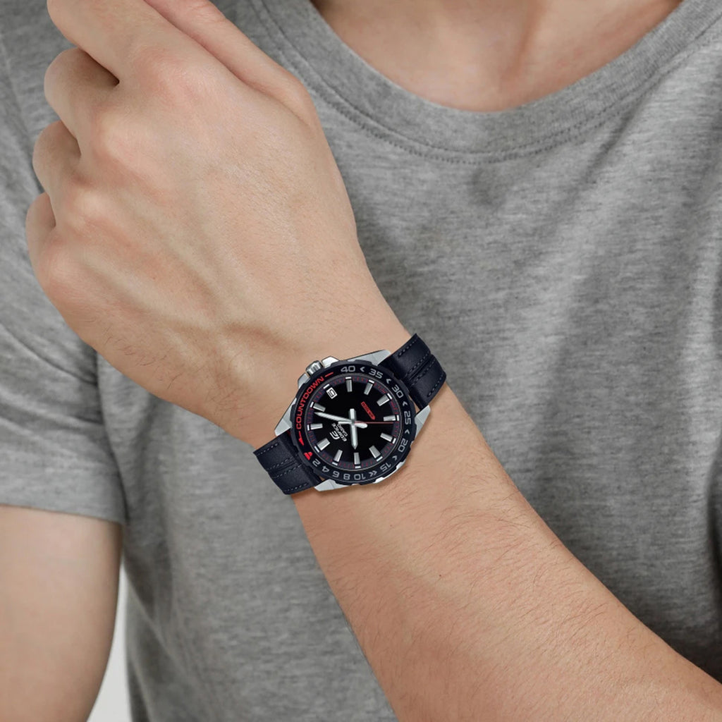 Edifice Men Quartz Black Dial Analog Leather Watch ED483