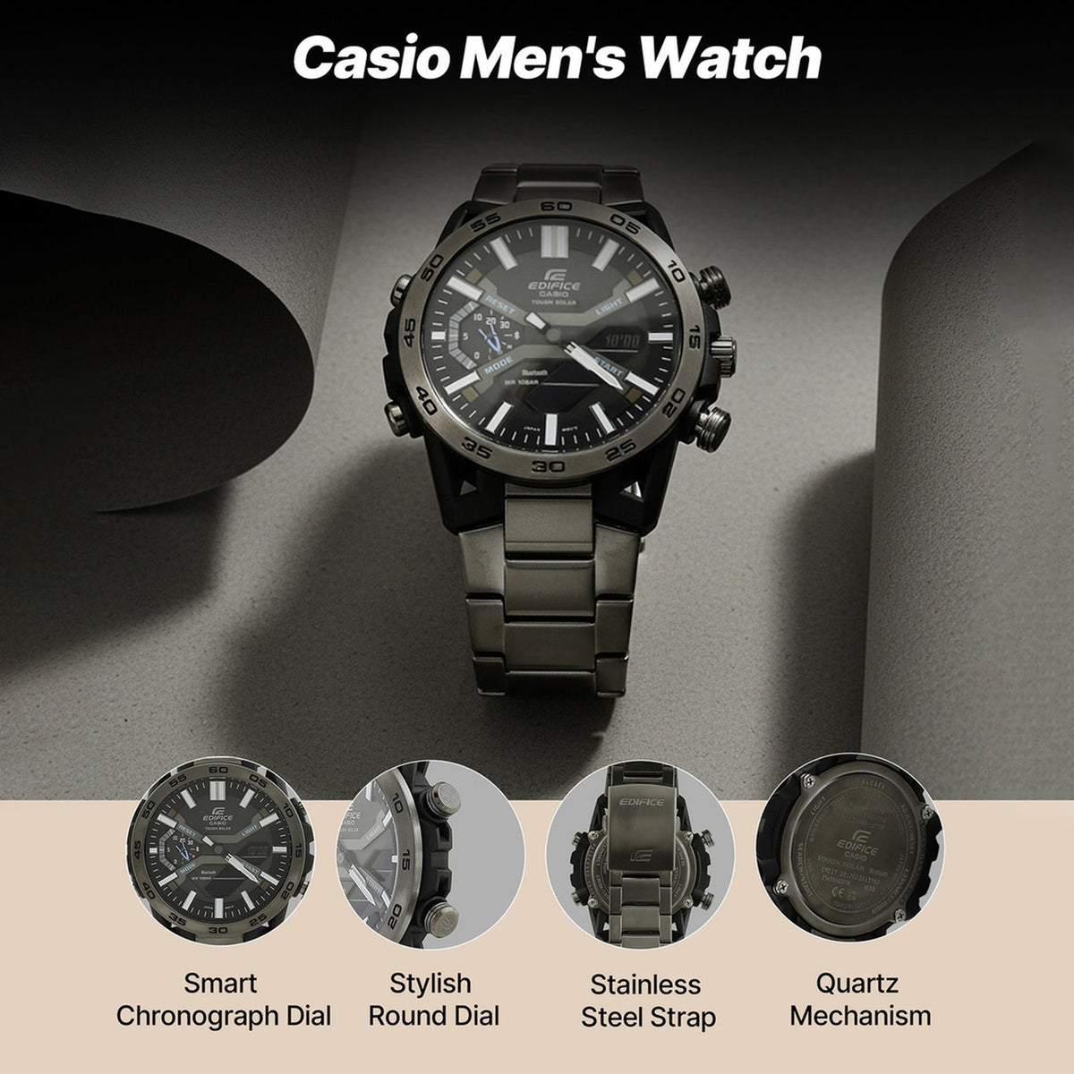 Edifice Men Solar Black Dial Analog-Digital Stainless Steel Watch ED565