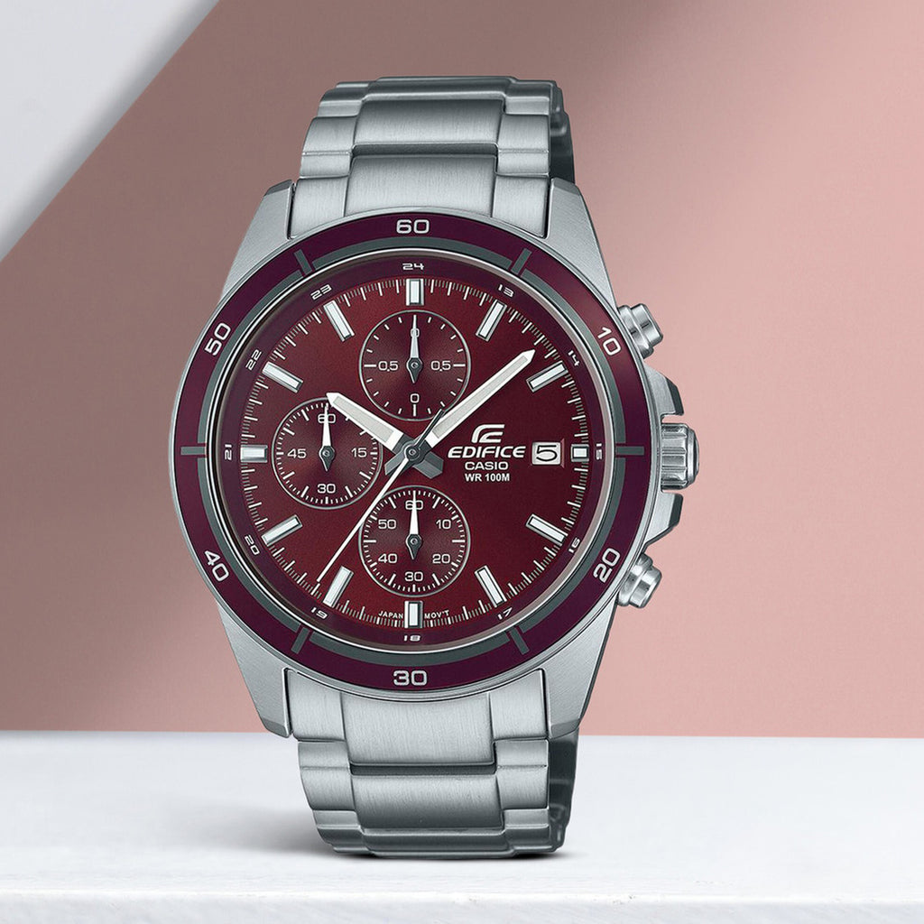Edifice Men Quartz Red Dial Chronograph Stainless Steel Watch ED569