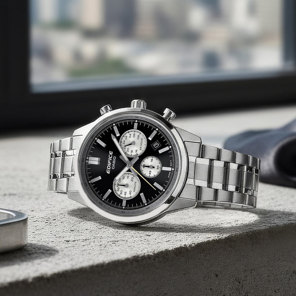 Edifice Men Quartz Black Dial Multi-Function Stainless Steel Watch ED655