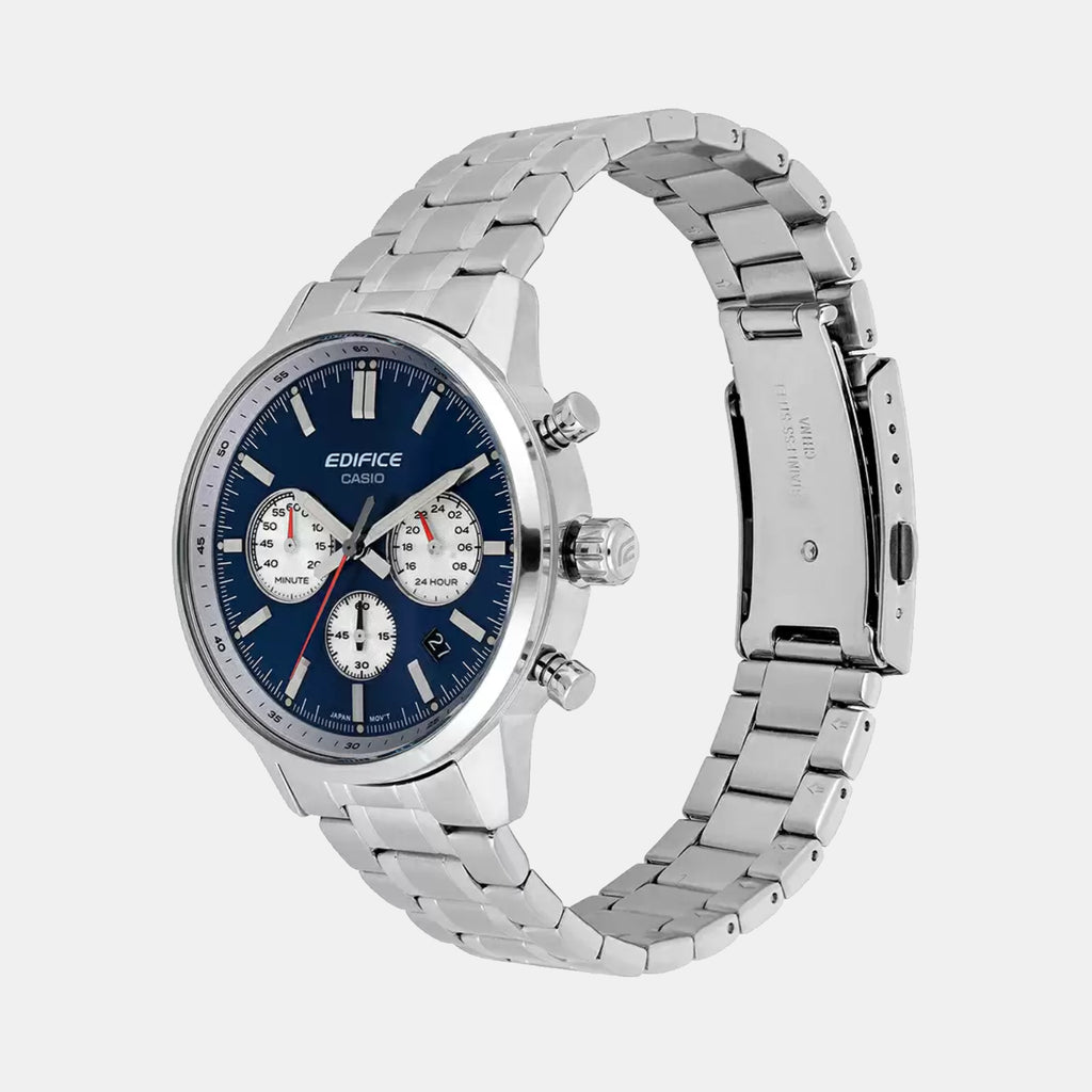 Edifice Men Quartz Blue & White Dial Multi-Function Stainless Steel Watch ED656