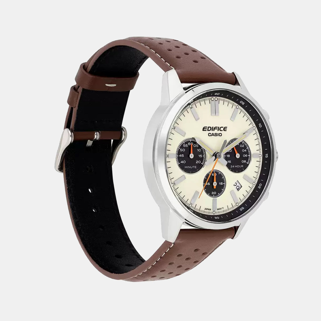 Edifice Men Quartz Cream & Black Dial Multi-Function Leather Watch ED657