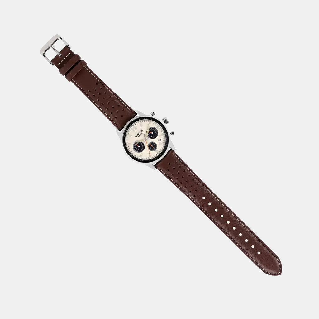 Edifice Men Quartz Cream & Black Dial Multi-Function Leather Watch ED657