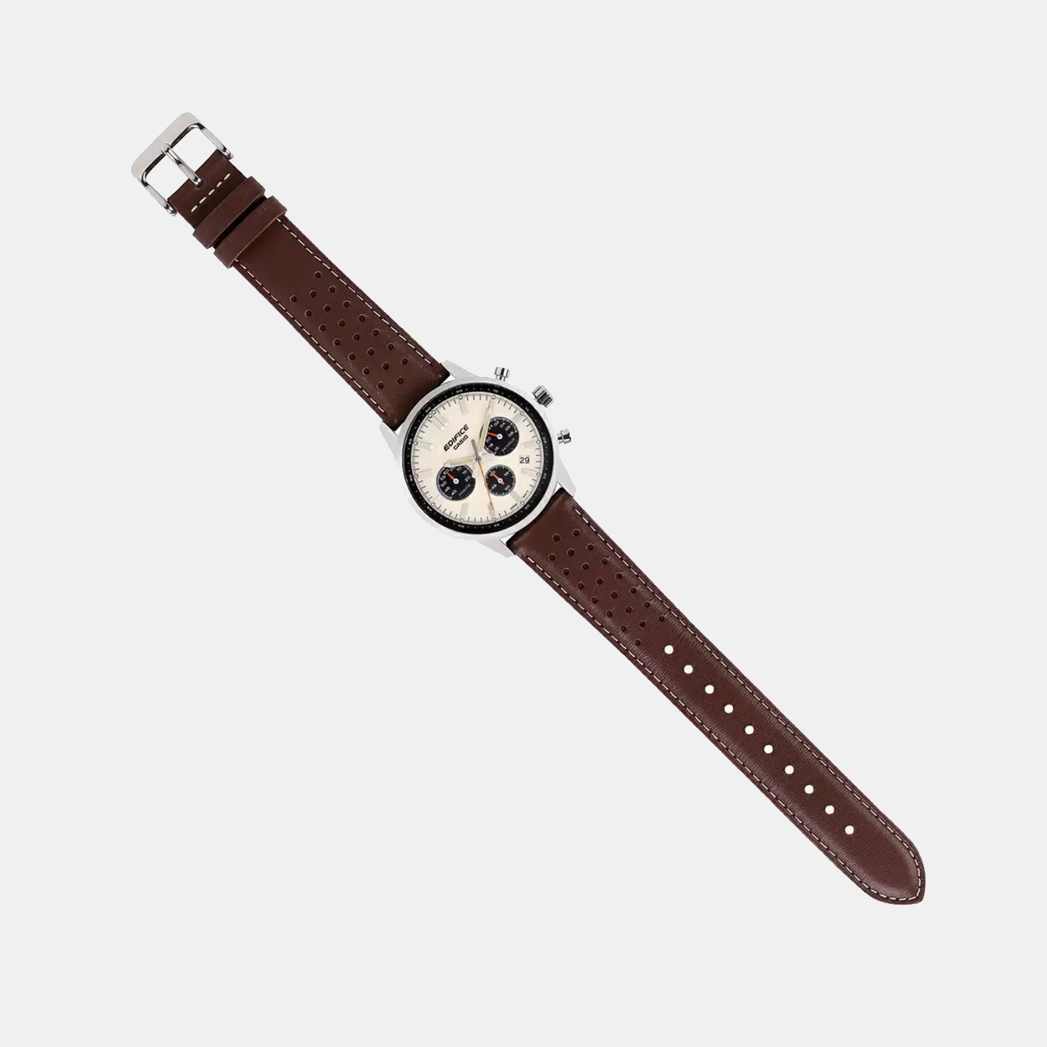 Edifice Men Quartz Cream & Black Dial Multi-Function Leather Watch ED657