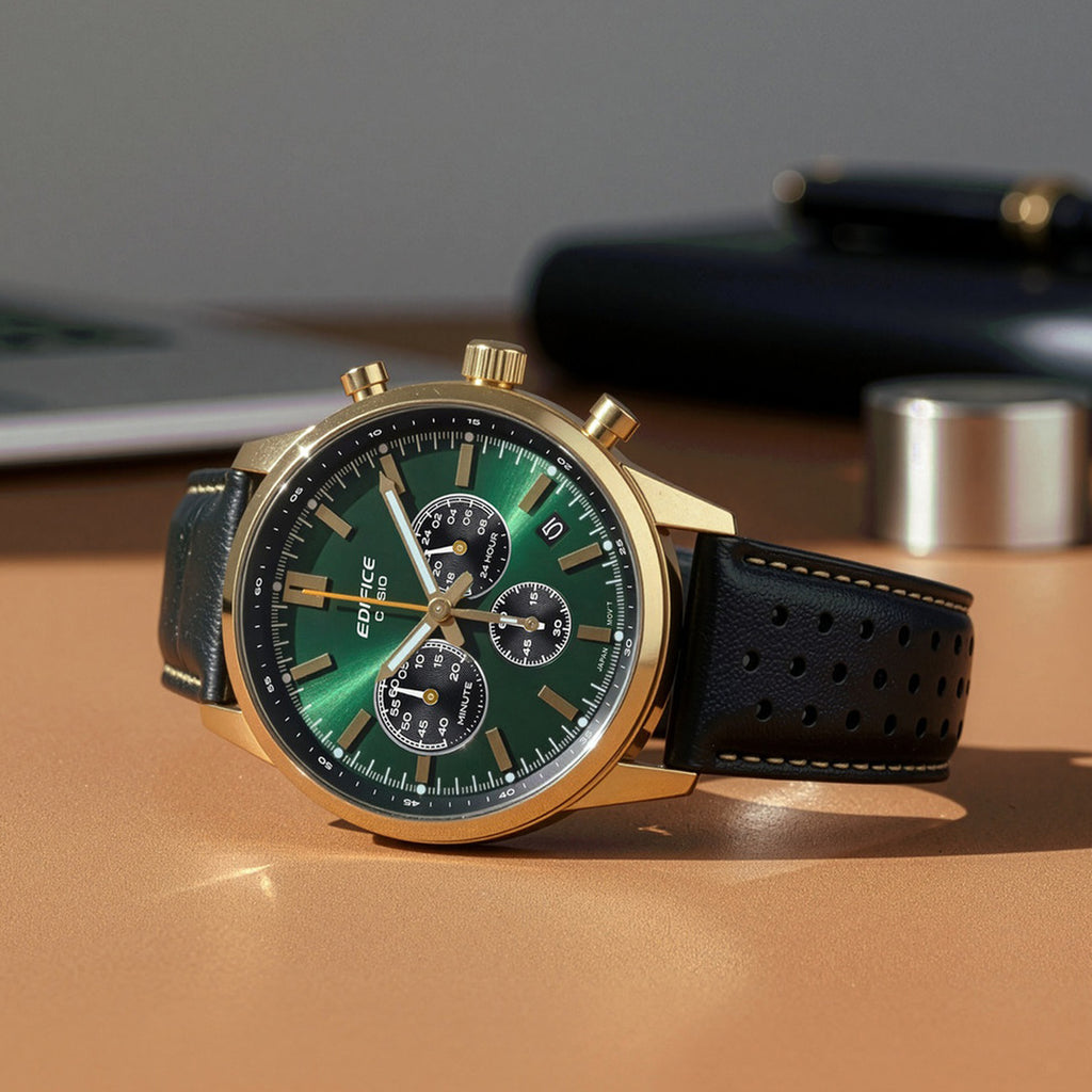 Edifice Men Quartz Green Dial Multi-Function Leather Watch ED658