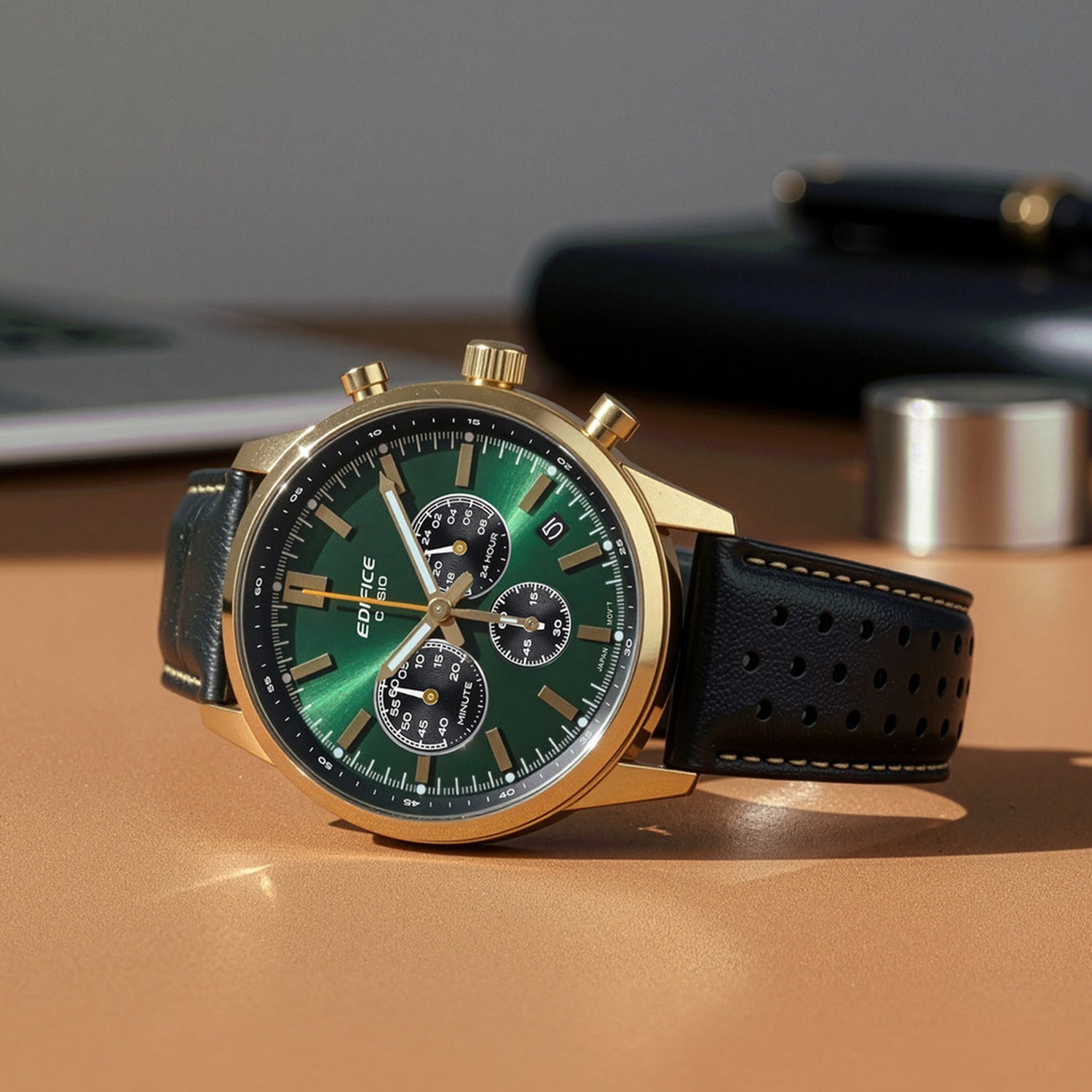 Edifice Men Quartz Green & Black Dial Multicolour-Function Leather Watch ED658