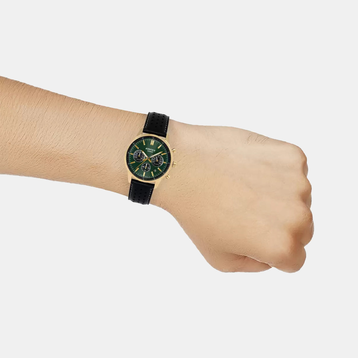 Edifice Men Quartz Green Dial Multi-Function Leather Watch ED658
